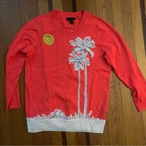 NEW J. Crew merino wool sweater crewneck  palm trees coral M medium lightweight